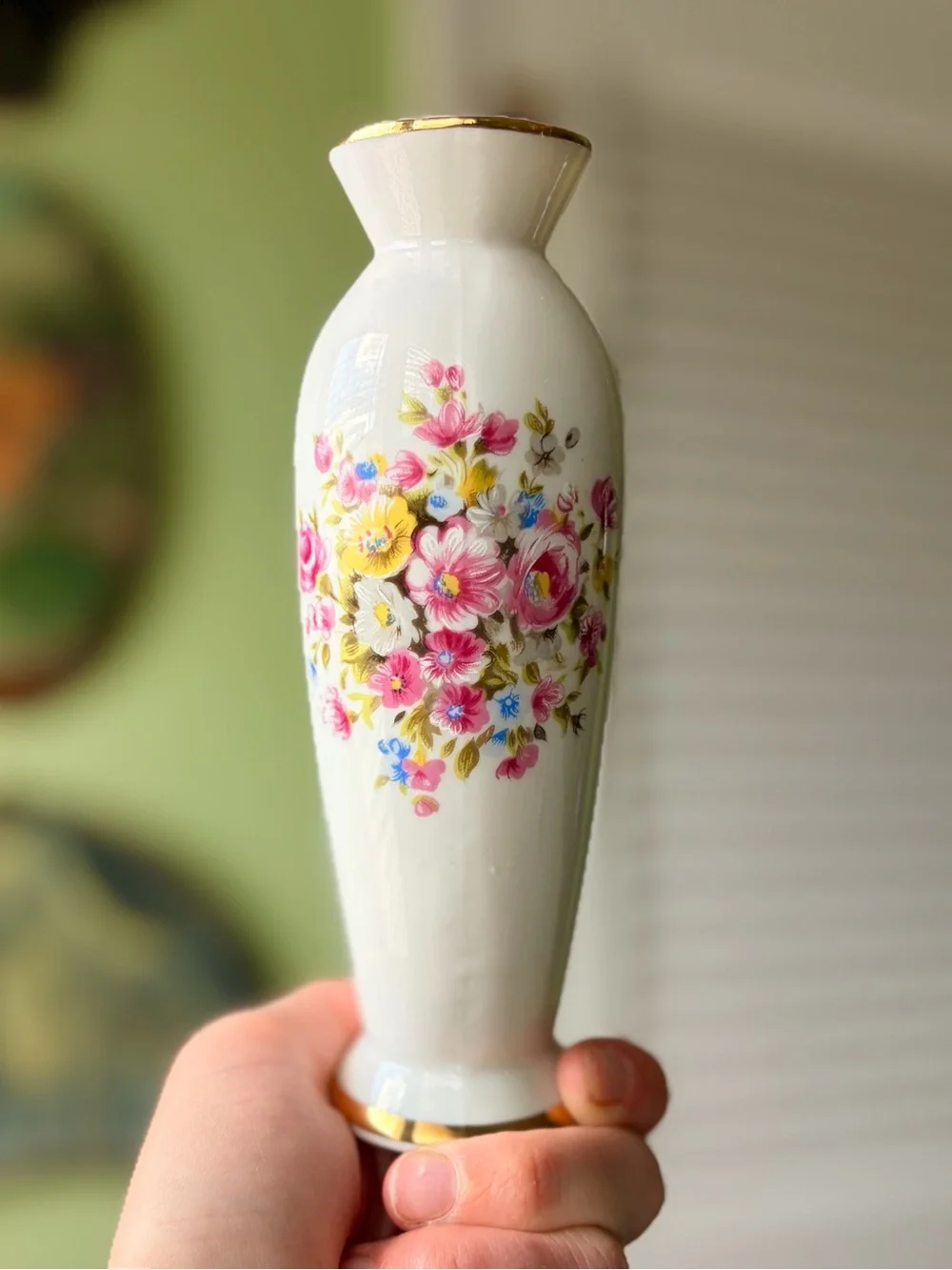 Vintage White Floral Porcelain Vase with Pink & Yellow Bouquet